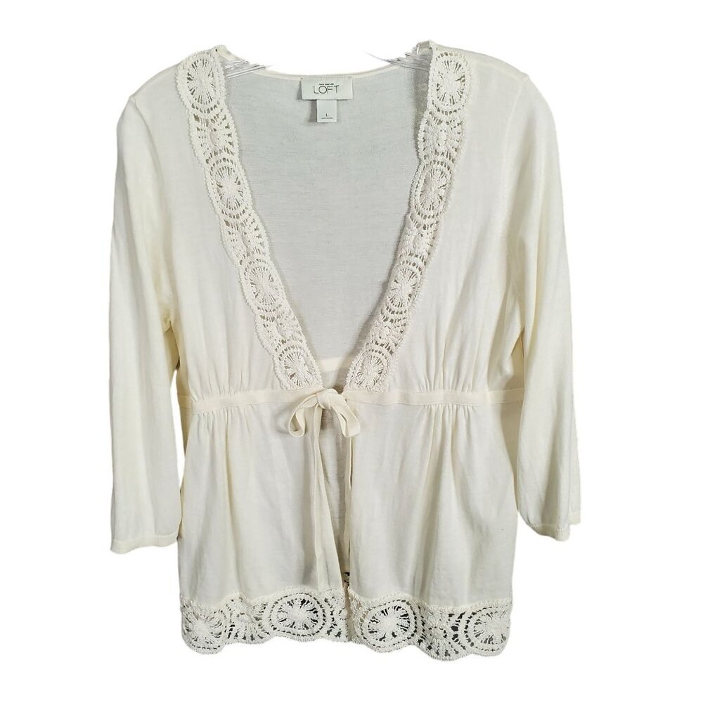 Ann Taylor Loft Sz L Cardigan Tie Front Lace Trim Pima Cotton Sweater 3/4 Sleeve - Picture 2 of 9